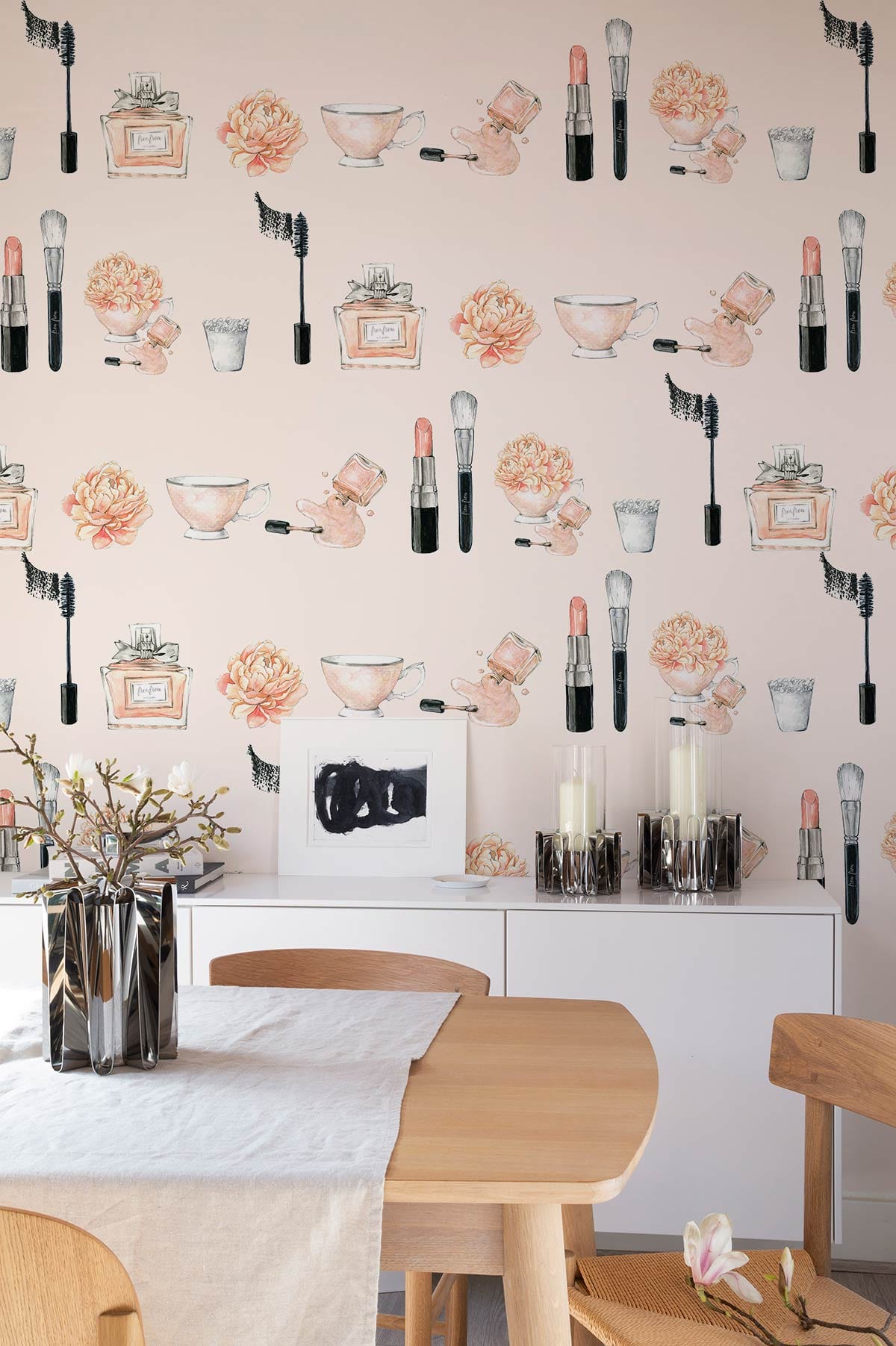 Elegant Vintage Cosmetics Pattern Wallpaper in pastel peach tones with wooden furniture in dining room.