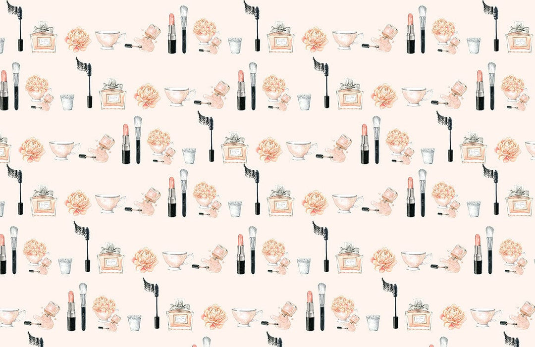 Elegant Vintage Cosmetics Pattern Wallpaper in Soft Pastel and Peach Tones