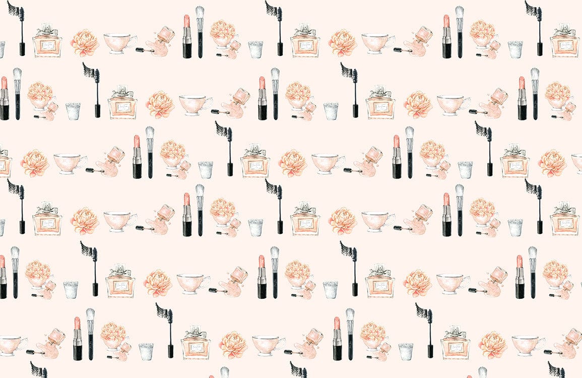 Elegant Vintage Cosmetics Pattern Wallpaper in Soft Pastel and Peach Tones