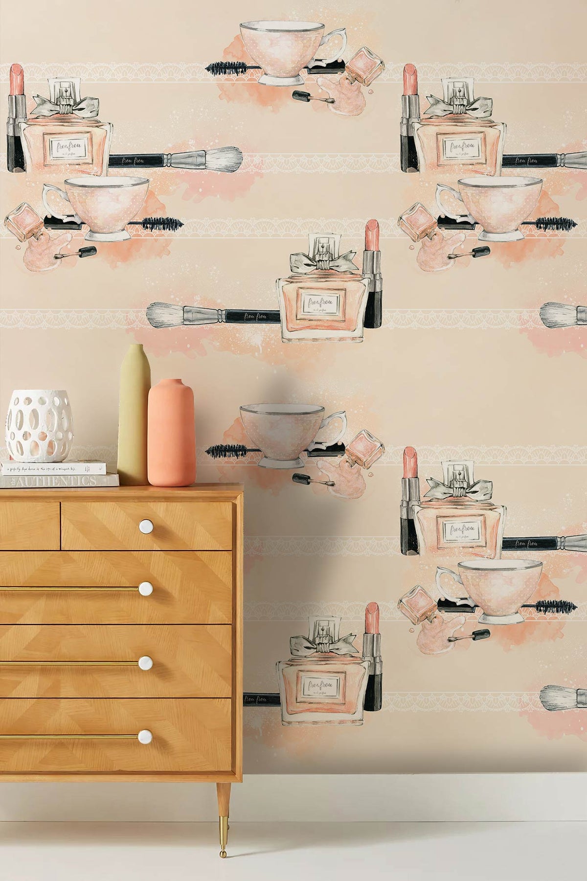 Chic Make-Up Artistry Patterned Wallpaper in pastels, neutral beige. Wooden chest of drawers.