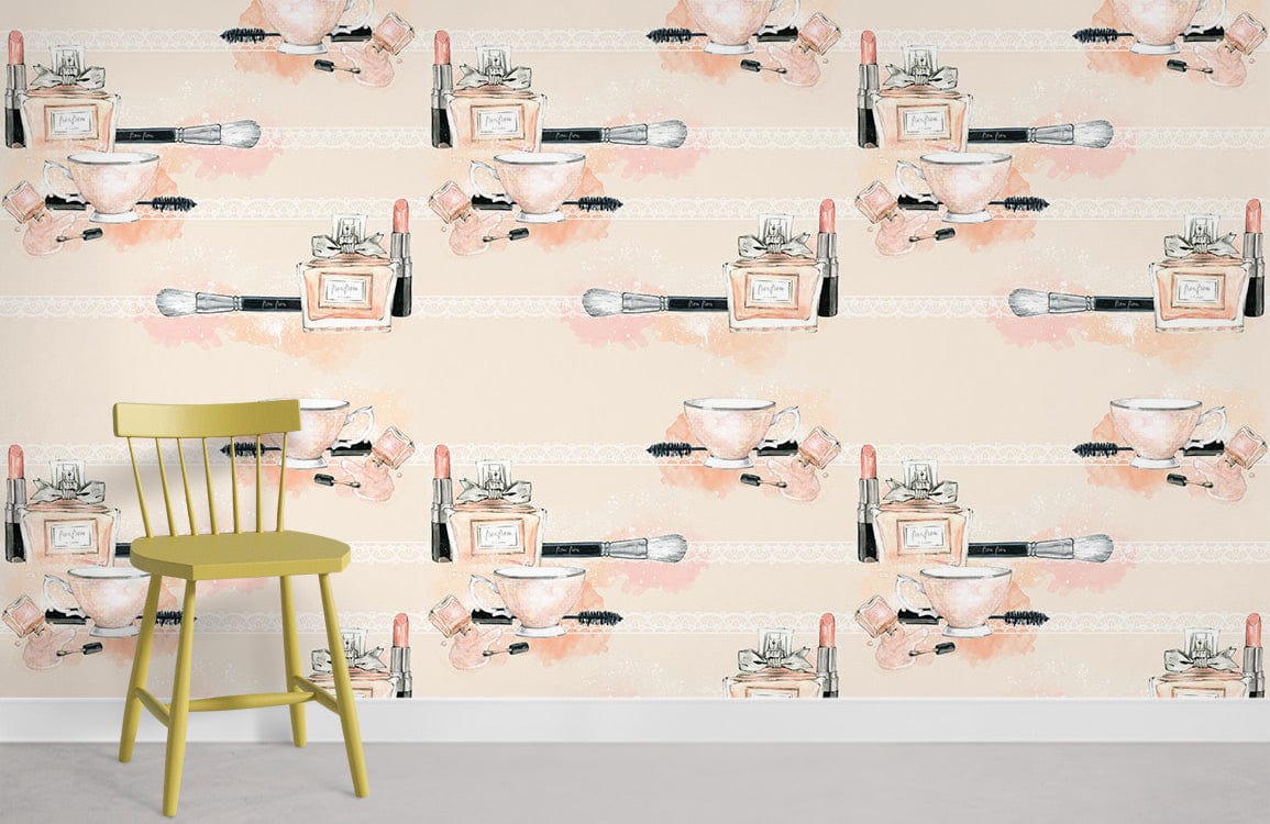 Chic Make-Up Artistry wallpaper in watercolour pastels, yellow chair, neutral room, concrete flooring.
