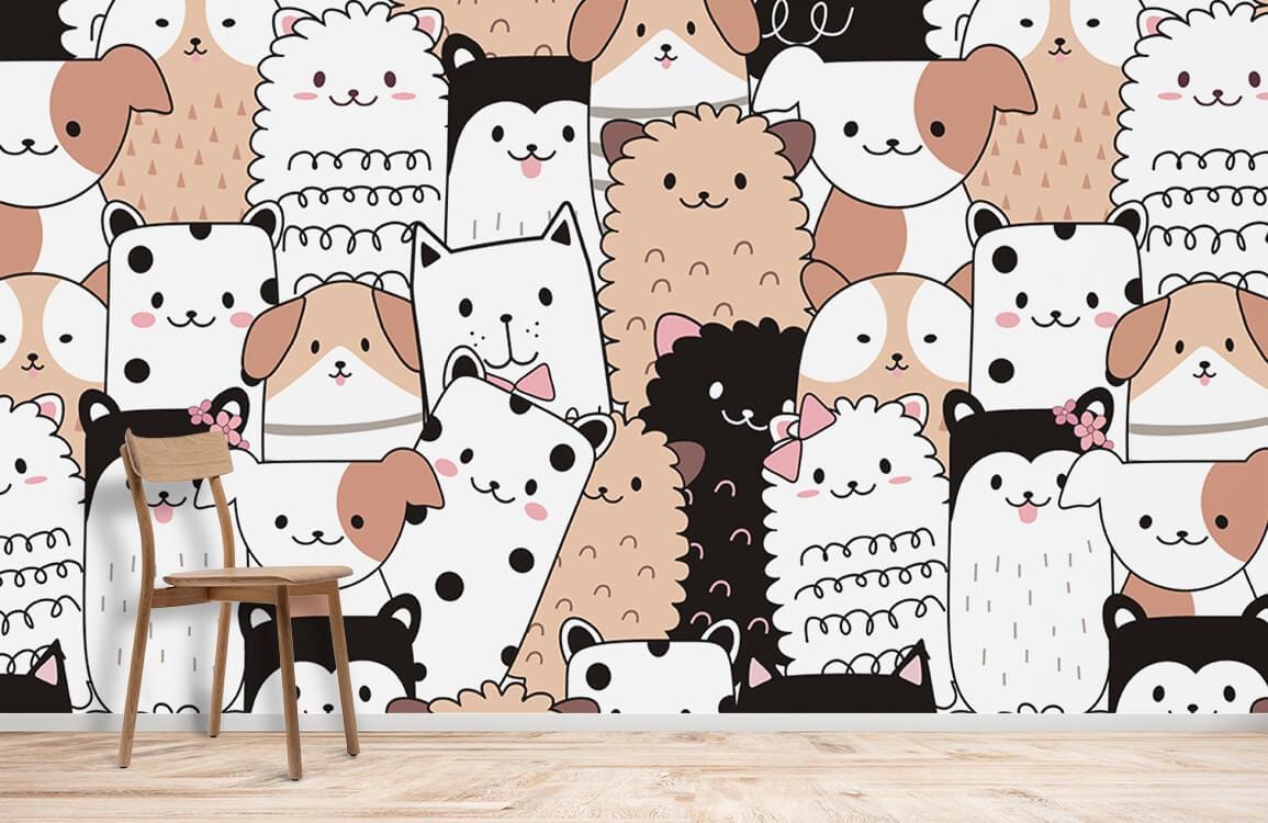 Cute black, white, and tan cartoon animal wallpaper with wooden chair on light wood flooring.