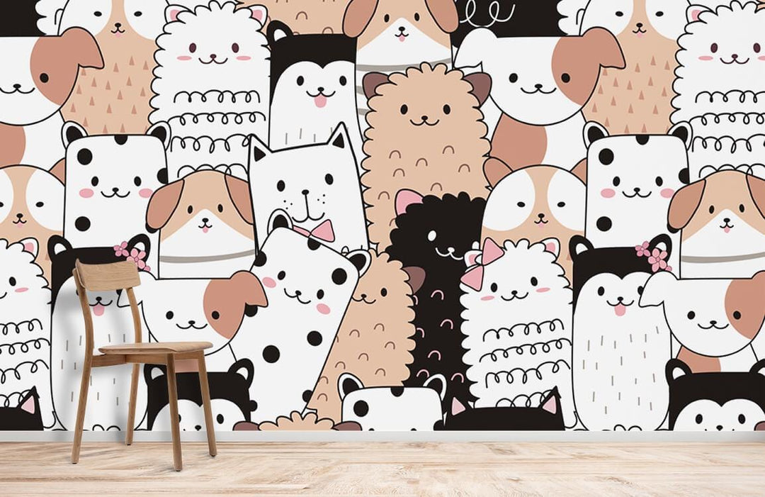 Cute black, white, and tan cartoon animal wallpaper with wooden chair on light wood flooring.