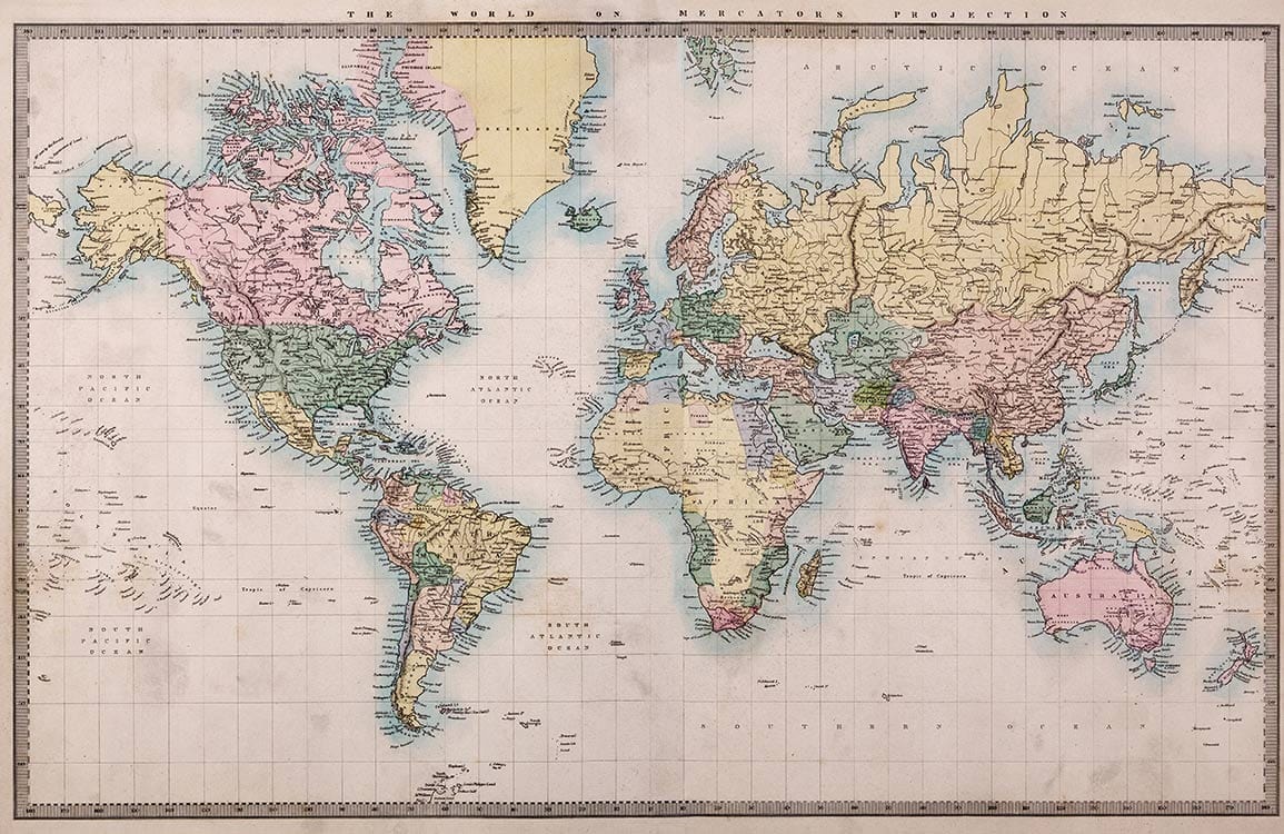 Vintage World Map Mural Wallpaper in Sepia for Classic Home Decor