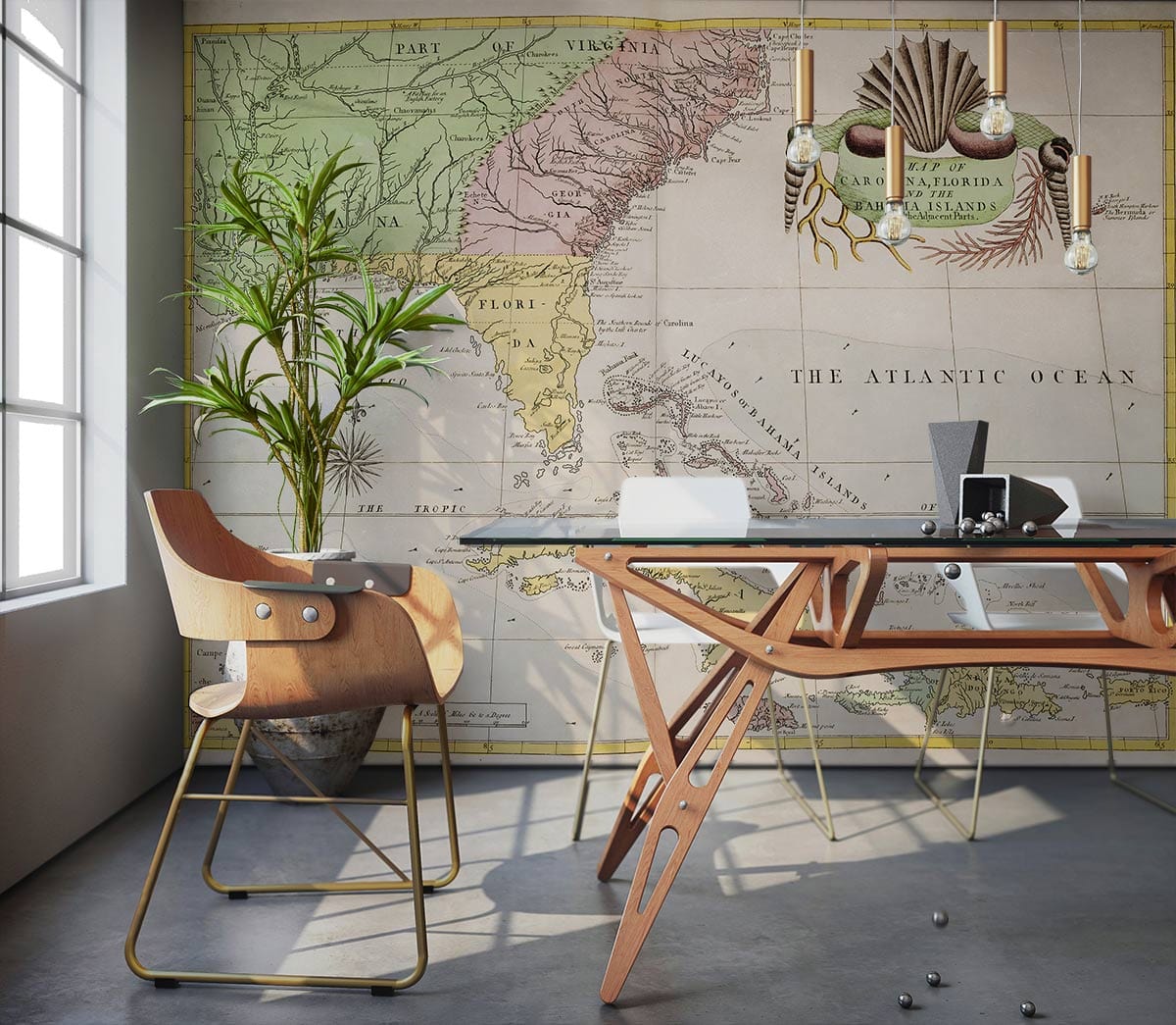 Vintage Caribbean Map Mural Wallpaper in office with wooden desk, modern chair, grey floor, and plants.