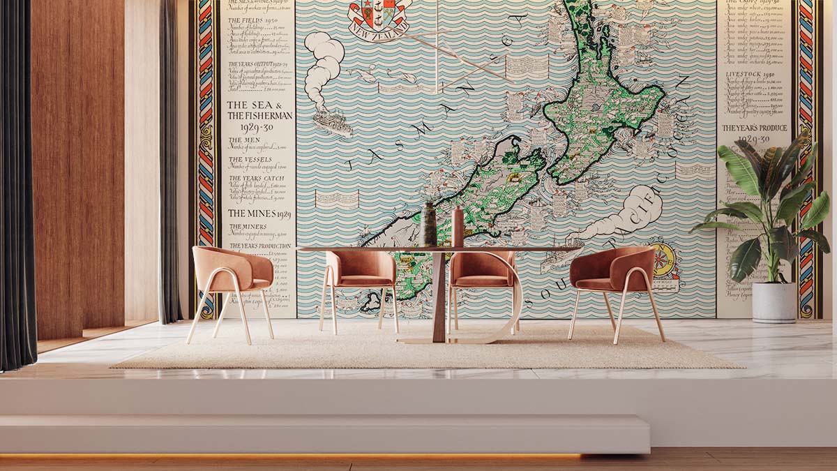 Vintage New Zealand map mural wallpaper with nautical style, brown chairs, wooden table, light floor.