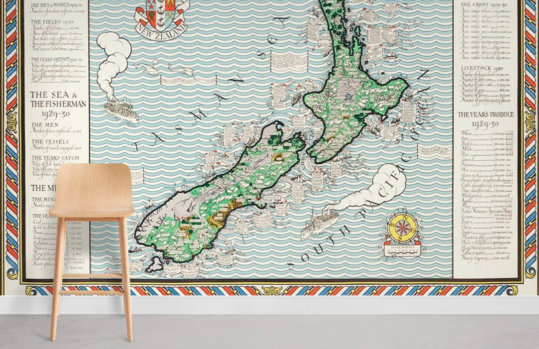 Vintage New Zealand Map Mural Wallpaper in Classic Nautical Style Print