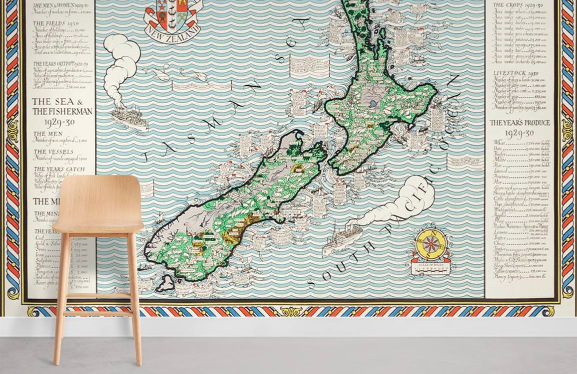 Vintage New Zealand Map Mural Wallpaper in Classic Nautical Style Print