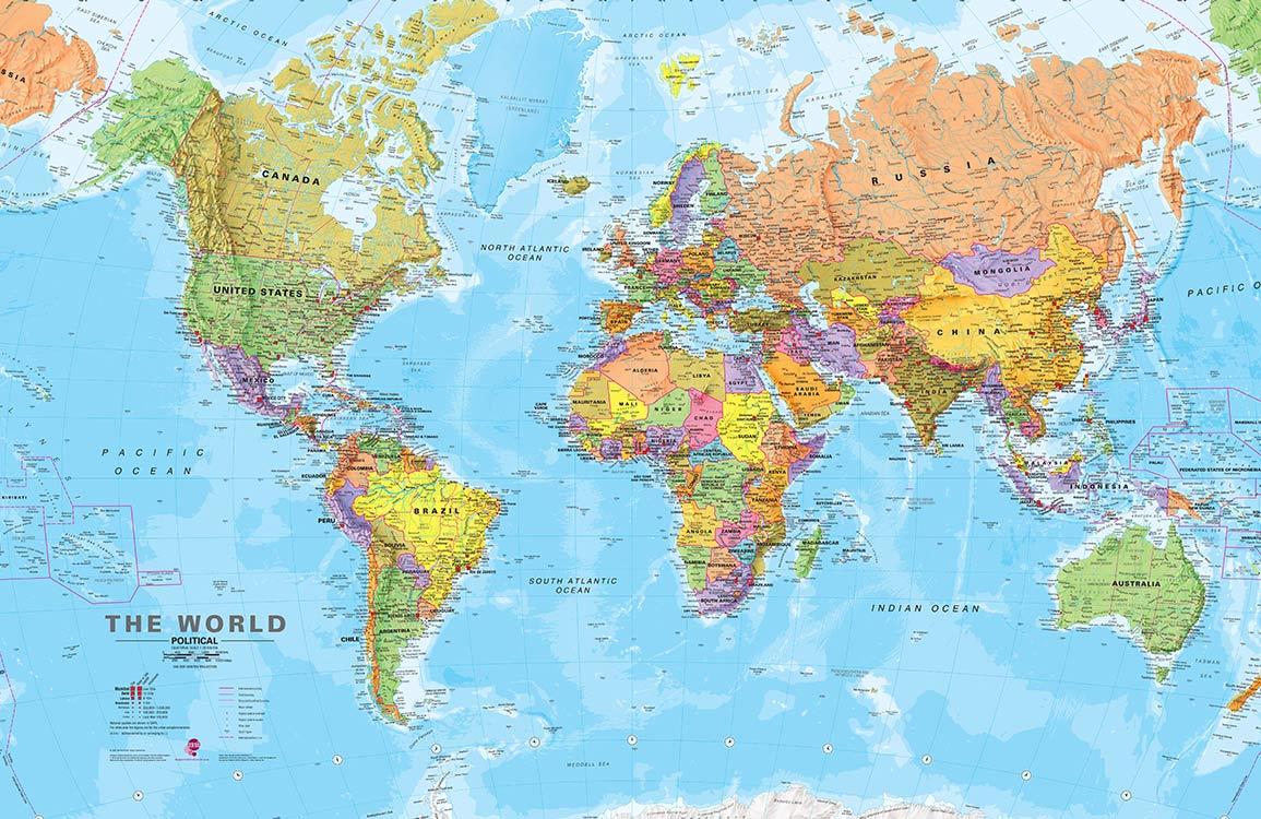 Vibrant World Map Mural Wallpaper - Educational Blue Geography Design