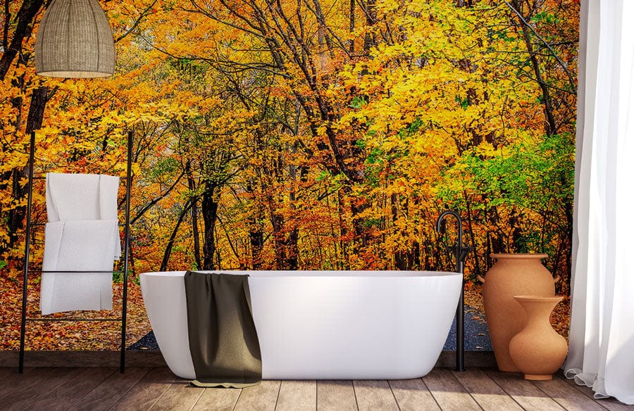 Bath with Autumn Woodland Wallpaper, vibrant leaves, wooden flooring, white curtain, and terracotta urns.