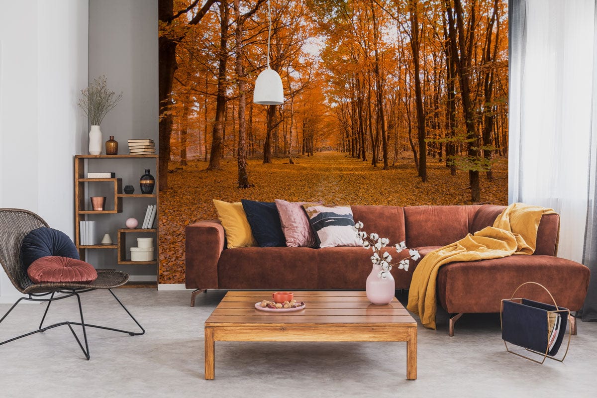 Autumn forest path mural wallpaper, cosy brown sofa, modern shelving, neutral flooring, living room setting.