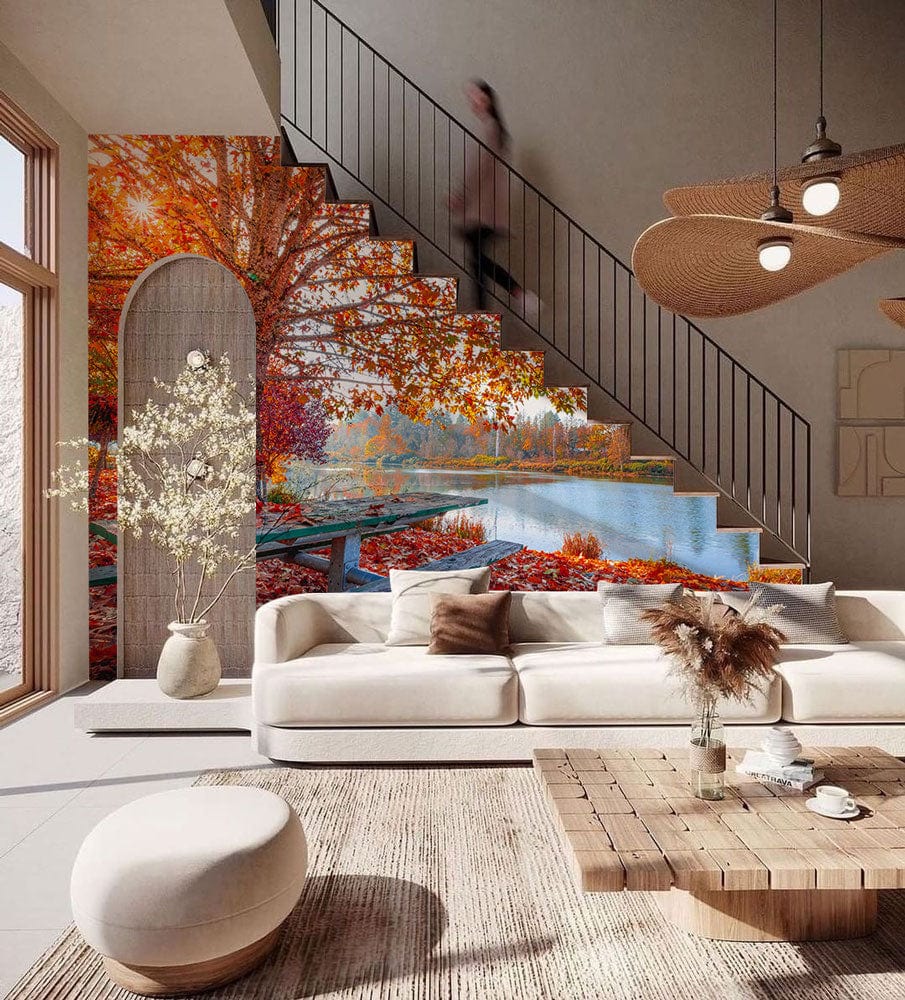 Vibrant mural wallpaper with autumn lake scene, beige sofa, wooden coffee table, and modern lighting in lounge.