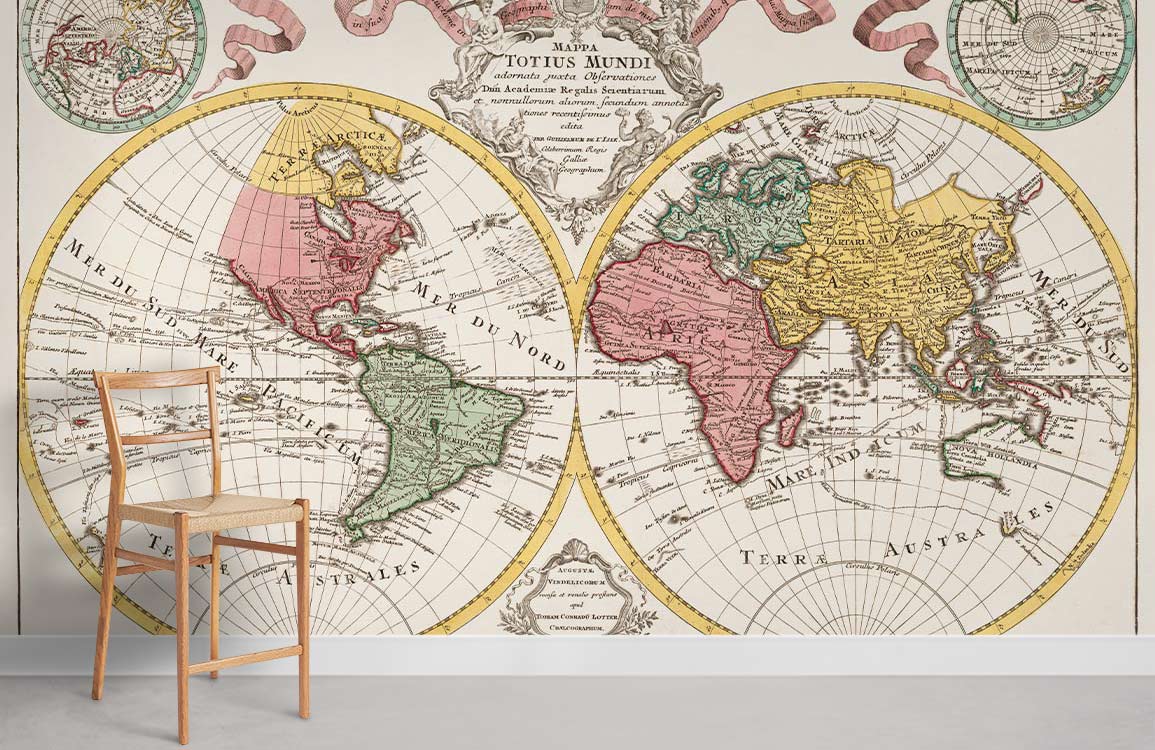 Vintage World Map mural wallpaper, antique colours, classic design, wooden chair, grey flooring, white wall.