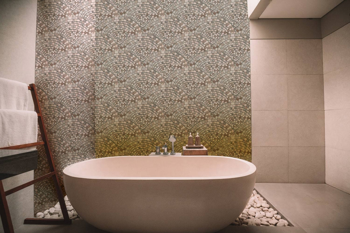 Elegant Mosaic Fan Pattern Wallpaper, neutral tones, luxury bathroom, modern bathtub, stone flooring.