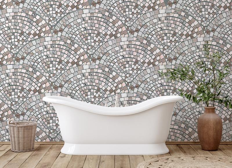 Elegant Mosaic Fan Pattern Wallpaper in neutral tones, bathroom setting, wooden flooring, white bathtub.