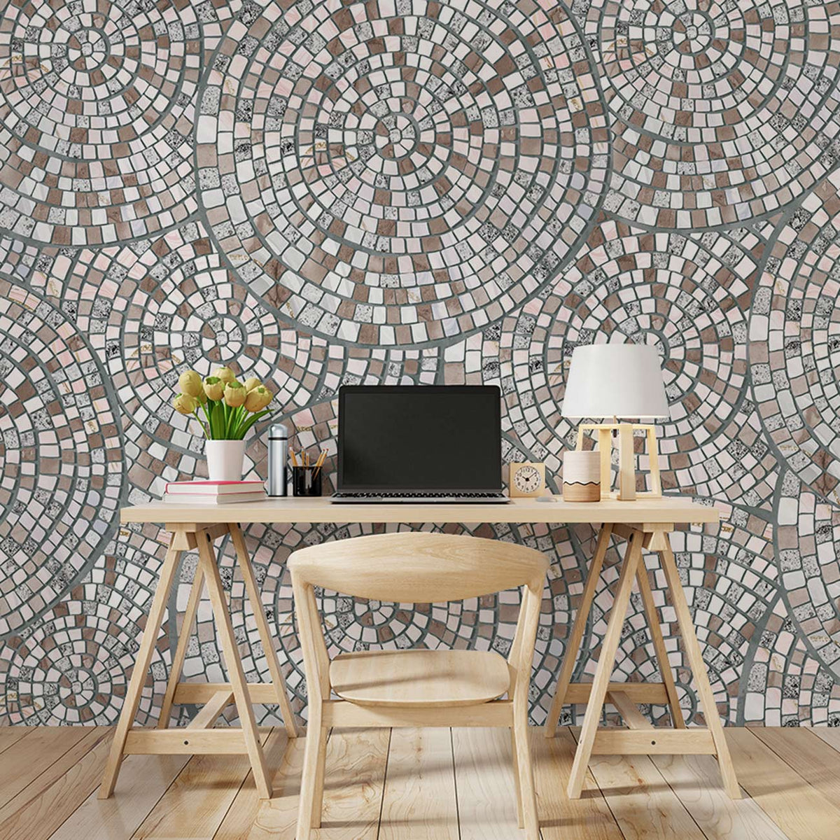 Vintage Mosaic Tile Wallpaper in earthy tones with wooden desk, chair, and lamp in home office.
