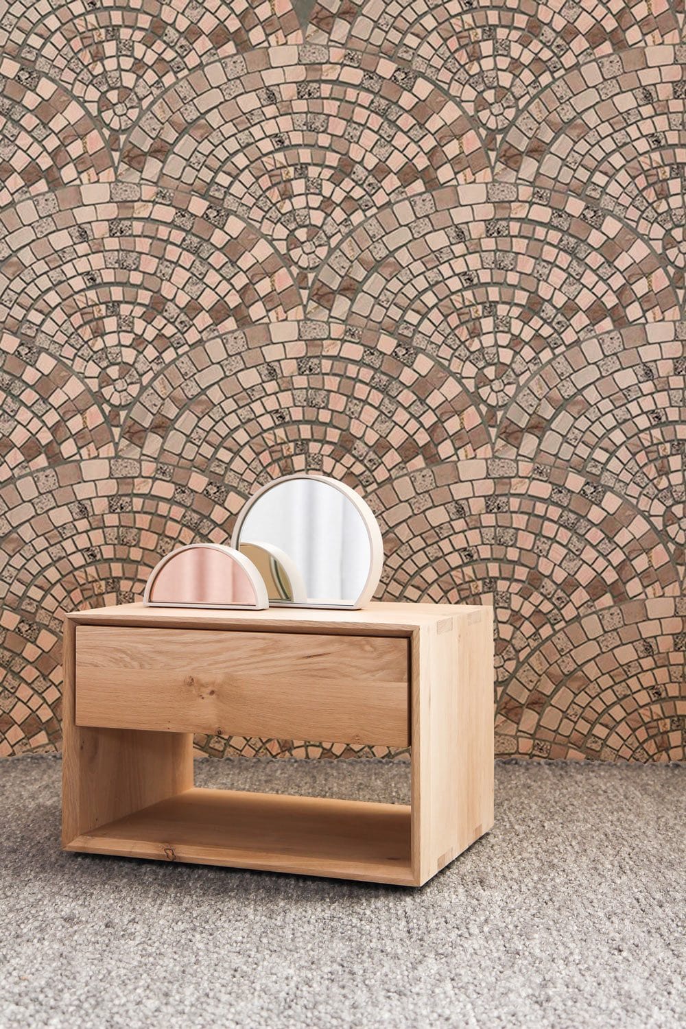 Elegant Mosaic Fan Pattern Wallpaper with wooden furniture, soft carpet, and modern decor mirrors.