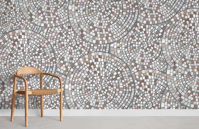 Alt text: Vintage Mosaic Tile Pattern Wallpaper with chair, earthy tones, intricate design, neutral room, minimal decor