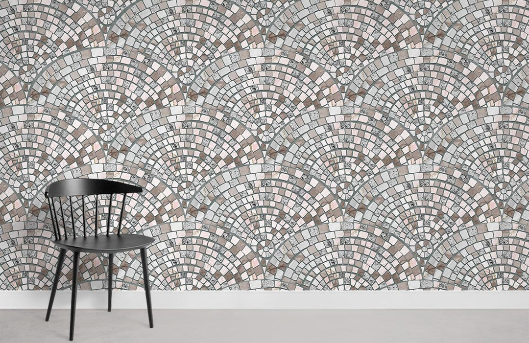 Elegant Mosaic Fan Pattern Wallpaper with Black Chair in Neutral Tones Room Setting, Soft Flooring.