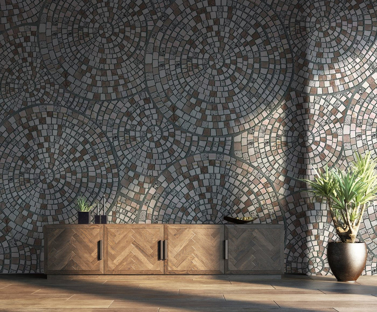 Vintage mosaic tile wallpaper with earthy tones; wooden cabinet, tiles flooring, potted plant decor.