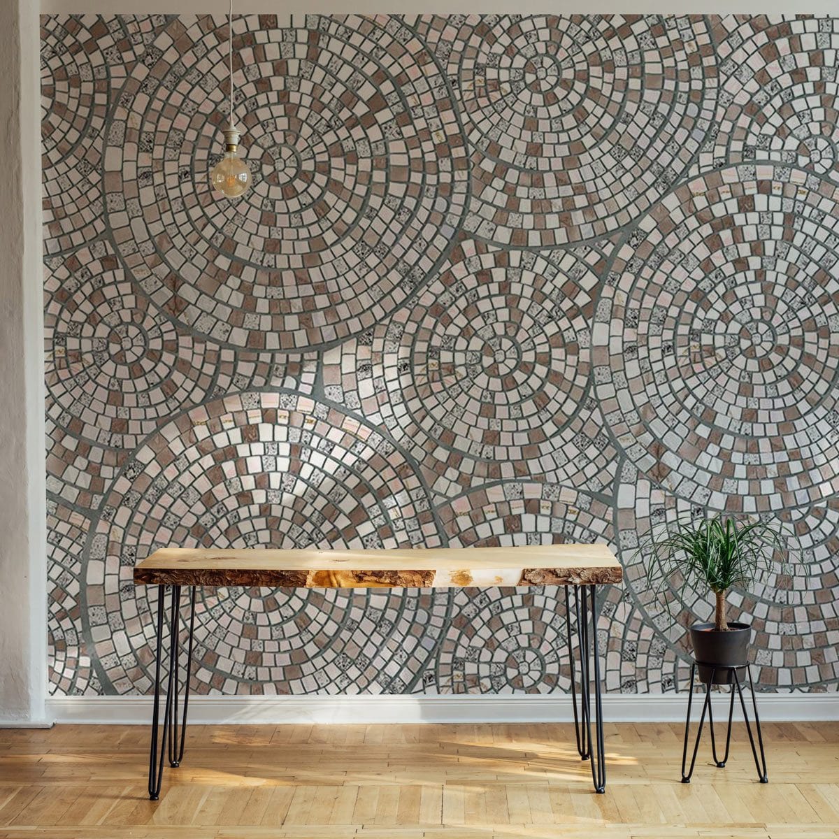 Vintage Mosaic Tile Wallpaper with earthy tones, intricate design; wooden table, parquet flooring, pendant light.