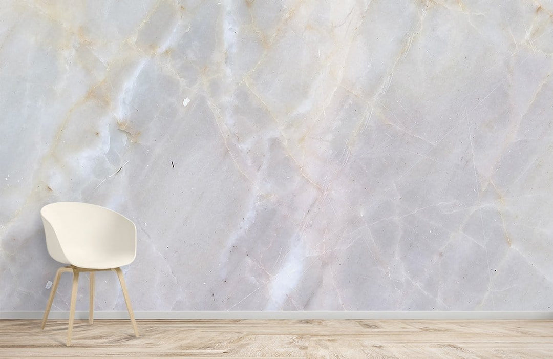 Elegant cream marble mural wallpaper with neutral tones, wooden flooring, and modern white chair in room.