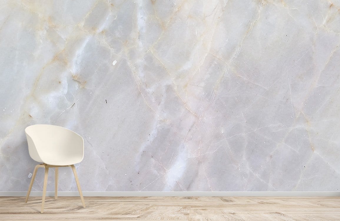 Elegant cream marble mural wallpaper with neutral tones, wooden flooring, and modern white chair in room.