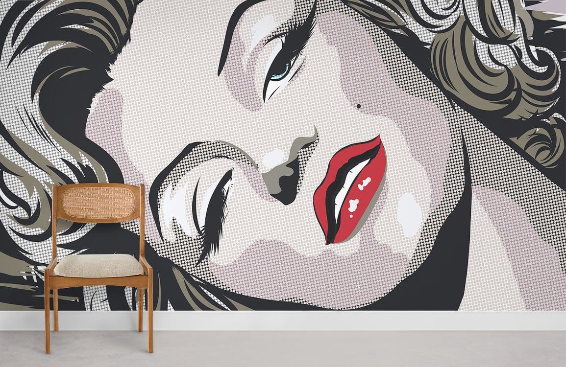 Retro Pop Art Glamour Mural Wallpaper, Vintage Monochrome Red Palette, wooden chair, minimalist style.