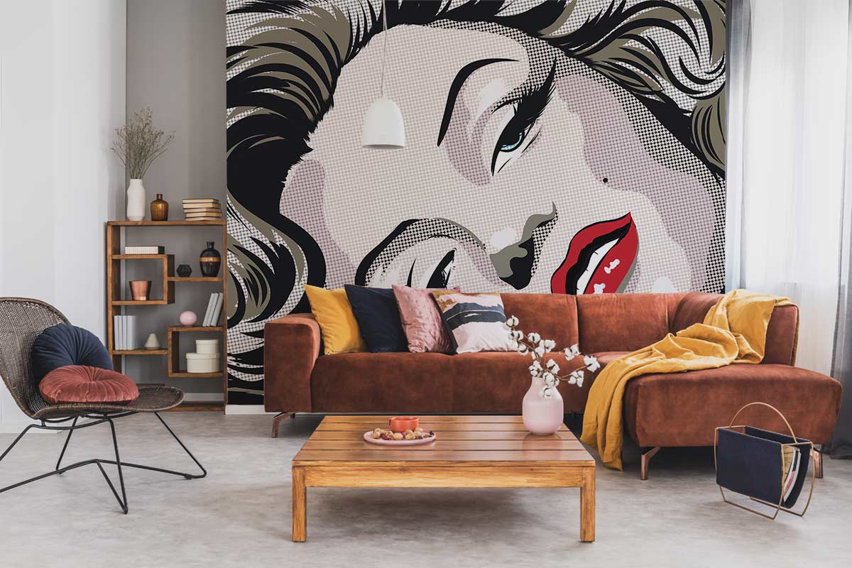 Retro Pop Art Glamour Mural Wallpaper, monochrome and red, brown sofa, open shelving, modern living room.