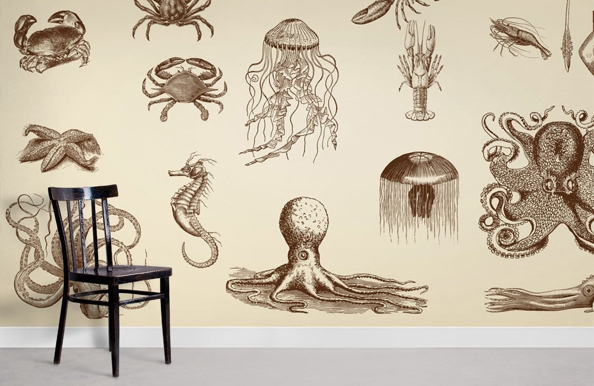 Vintage Marine Life Sepia-Inspired Wallpaper, nautical theme, black chair, grey carpeted flooring, neutral wall.