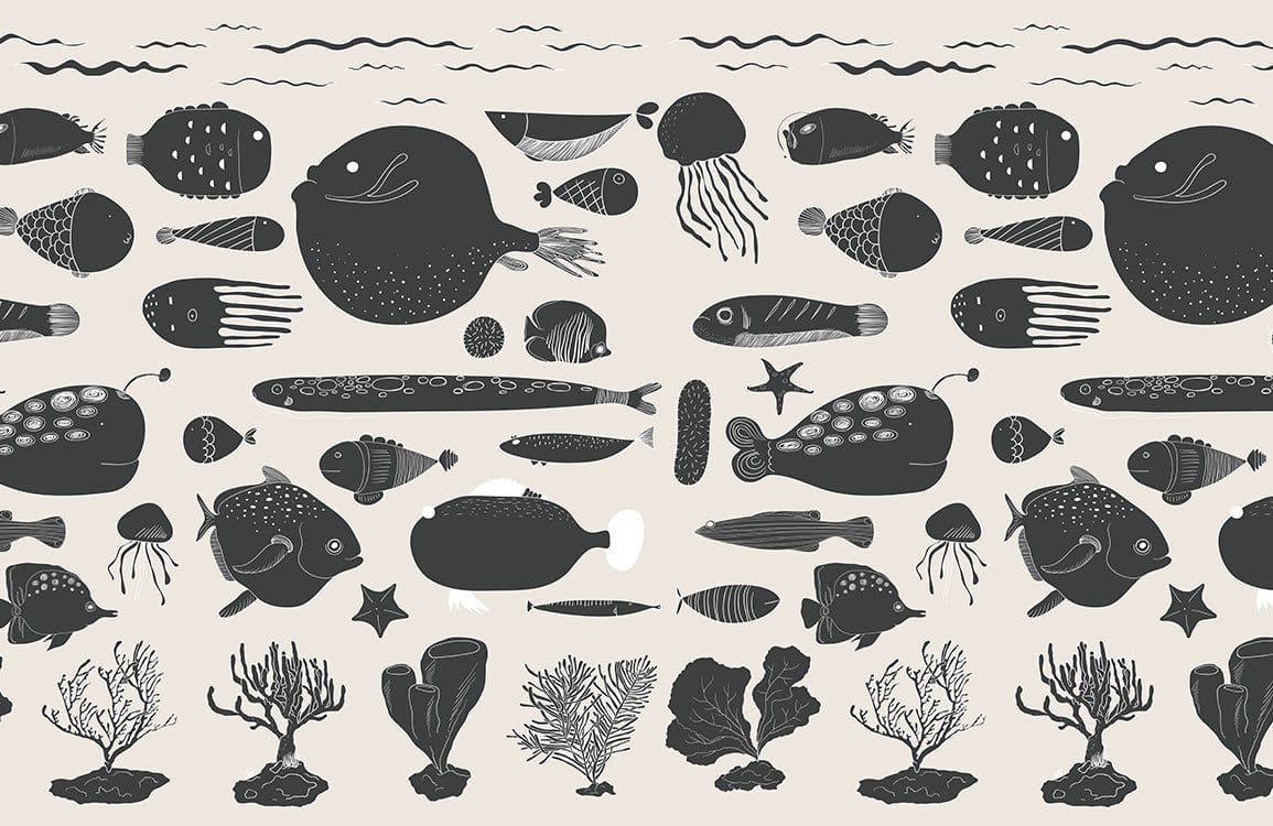 Monochrome Marine Life Pattern Wallpaper - Elegant Underwater Creature Design