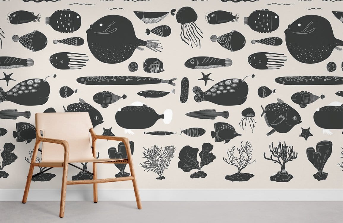 Monochrome marine life wallpaper with chair, white wall, grey carpet, underwater design. Elegant interior style.