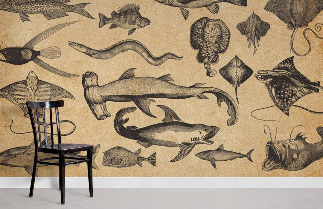 Vintage Oceanic Fauna wallpaper mural with black chair, beige theme, light flooring, nautical interior design.
