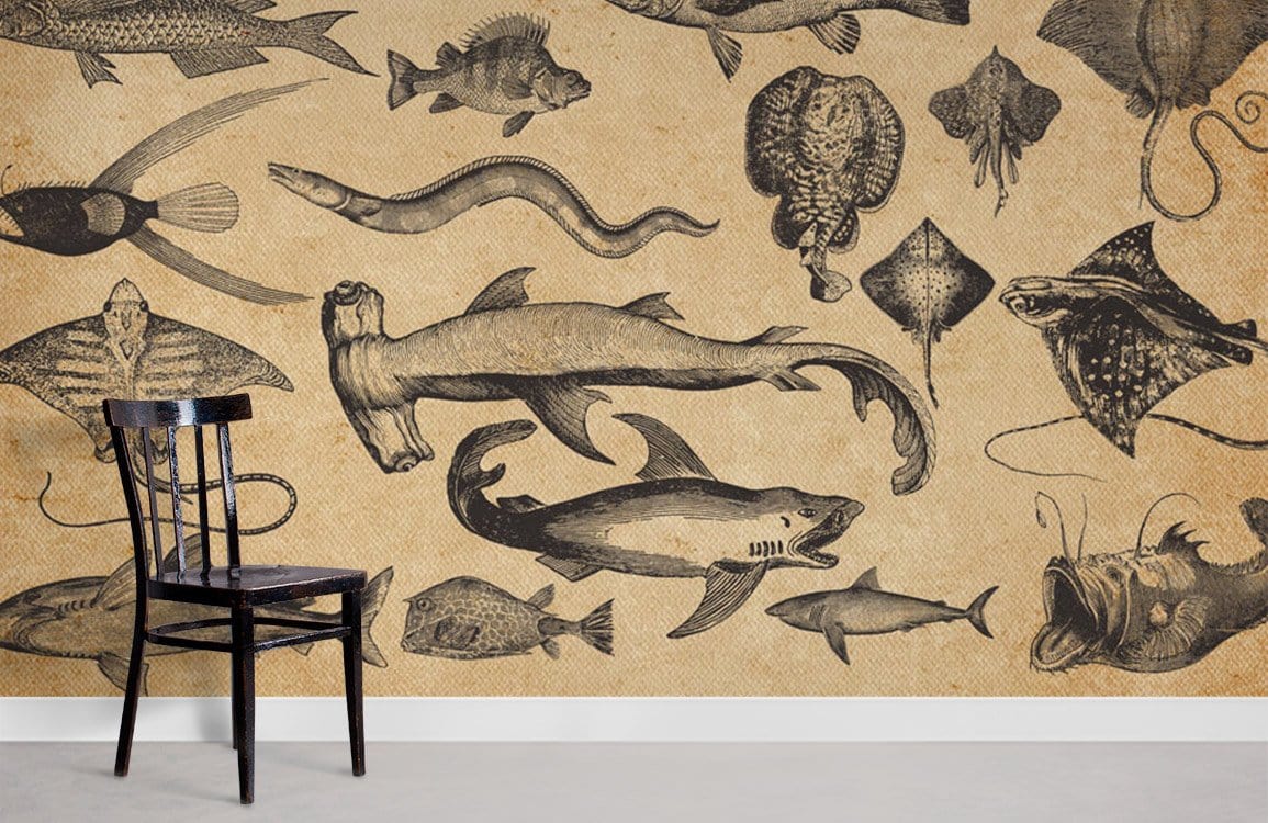 Vintage Oceanic Fauna wallpaper mural with black chair, beige theme, light flooring, nautical interior design.