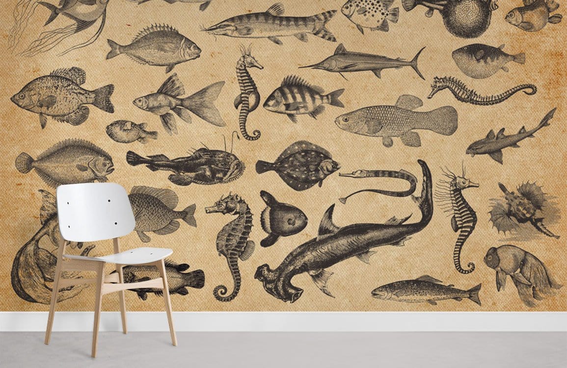 Vintage Marine Life Sepia Mural Wallpaper - Nautical Theme with Fish Illustrations