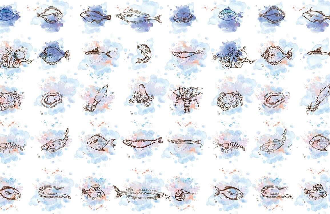 Hand-Illustrated Marine Life Watercolour Wallpaper in Blue and Natural Tones