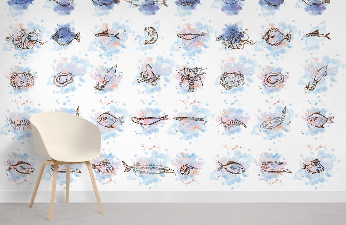 Alt text: Hand-Illustrated Marine Life Wallpaper, blue hues, mid-century chair, grey flooring, modern room decor.