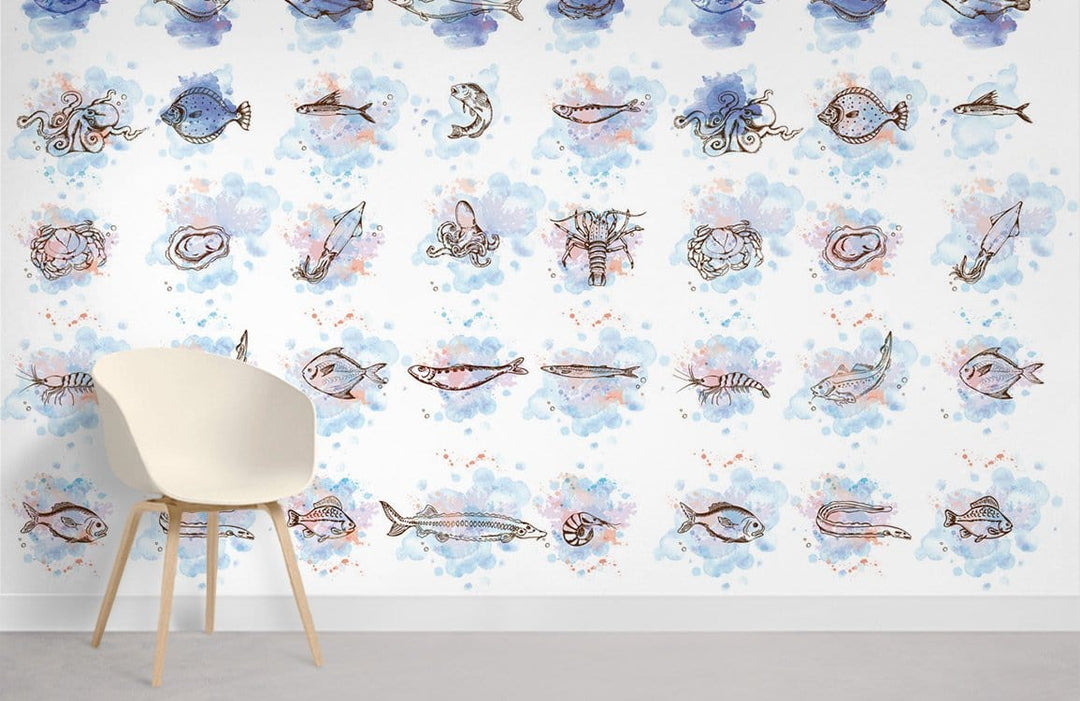 Alt text: Hand-Illustrated Marine Life Wallpaper, blue hues, mid-century chair, grey flooring, modern room decor.