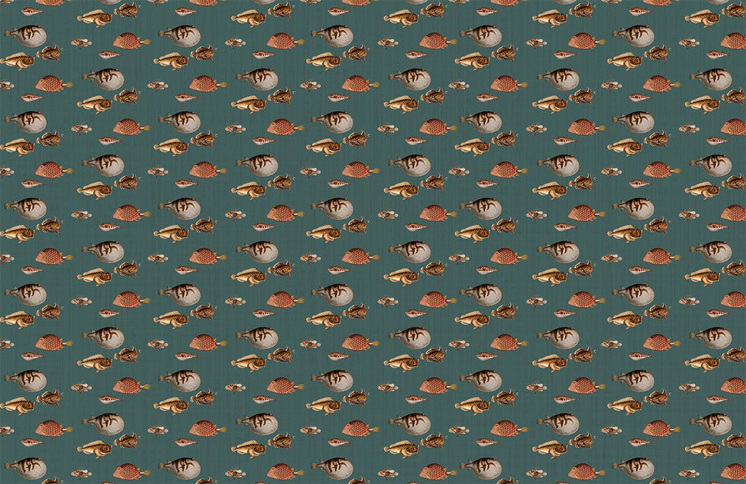 Vintage Nautical-Themed Patterned Wallpaper in Teal and Coral Tones