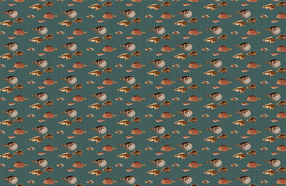 Vintage Nautical-Themed Patterned Wallpaper in Teal and Coral Tones