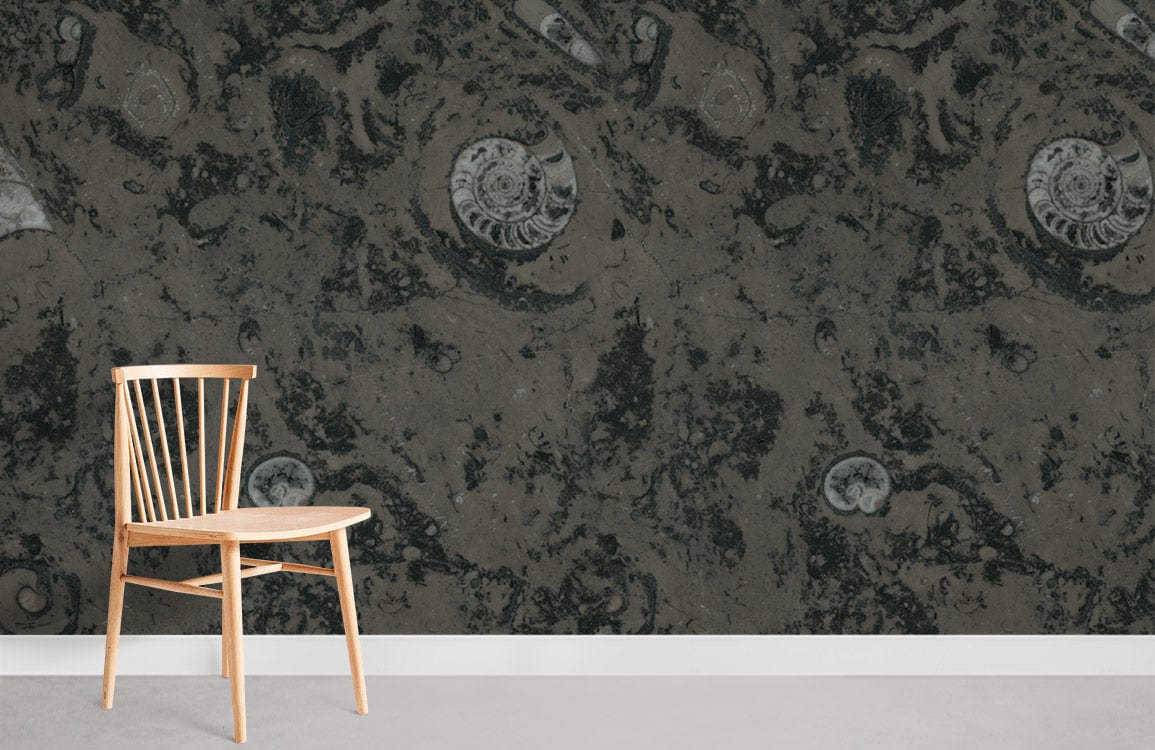 Wooden chair in room with Dark Fossil Swirl Patterned Wallpaper, grey floor, natural earth tones.