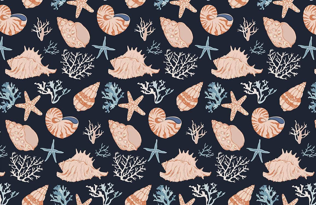 Nautical Seashell Pattern Wallpaper in Navy and Coral Coastal Design