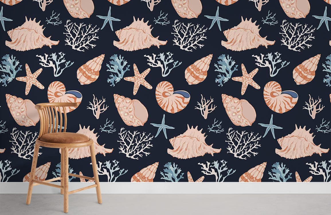 Nautical seashell pattern wallpaper in navy and coral coastal design, wooden chair, grey flooring.