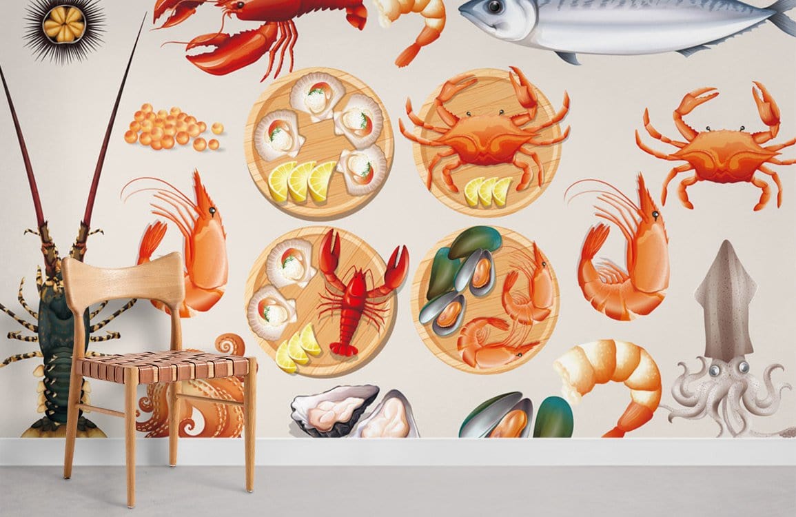 Colourful Seafood Feast Mural Wallpaper with wooden chair; vibrant marine art; contemporary living room.