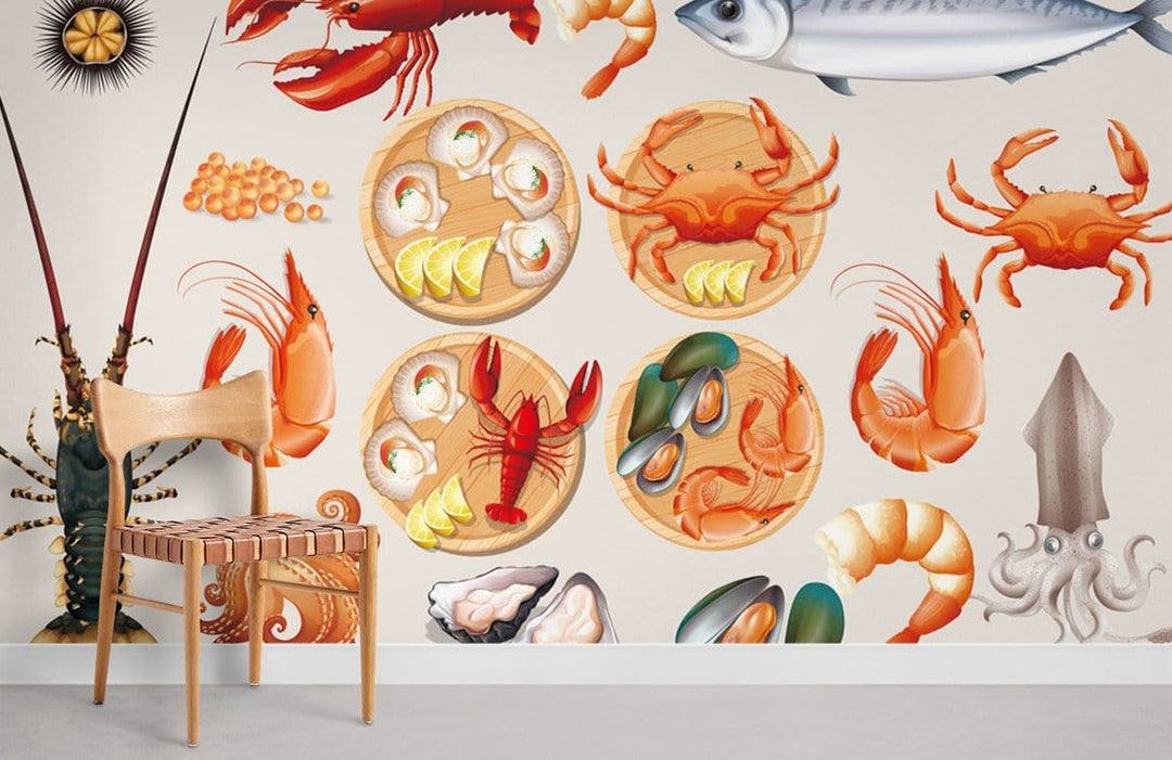 Colourful Seafood Feast Mural Wallpaper with wooden chair; vibrant marine art; contemporary living room.