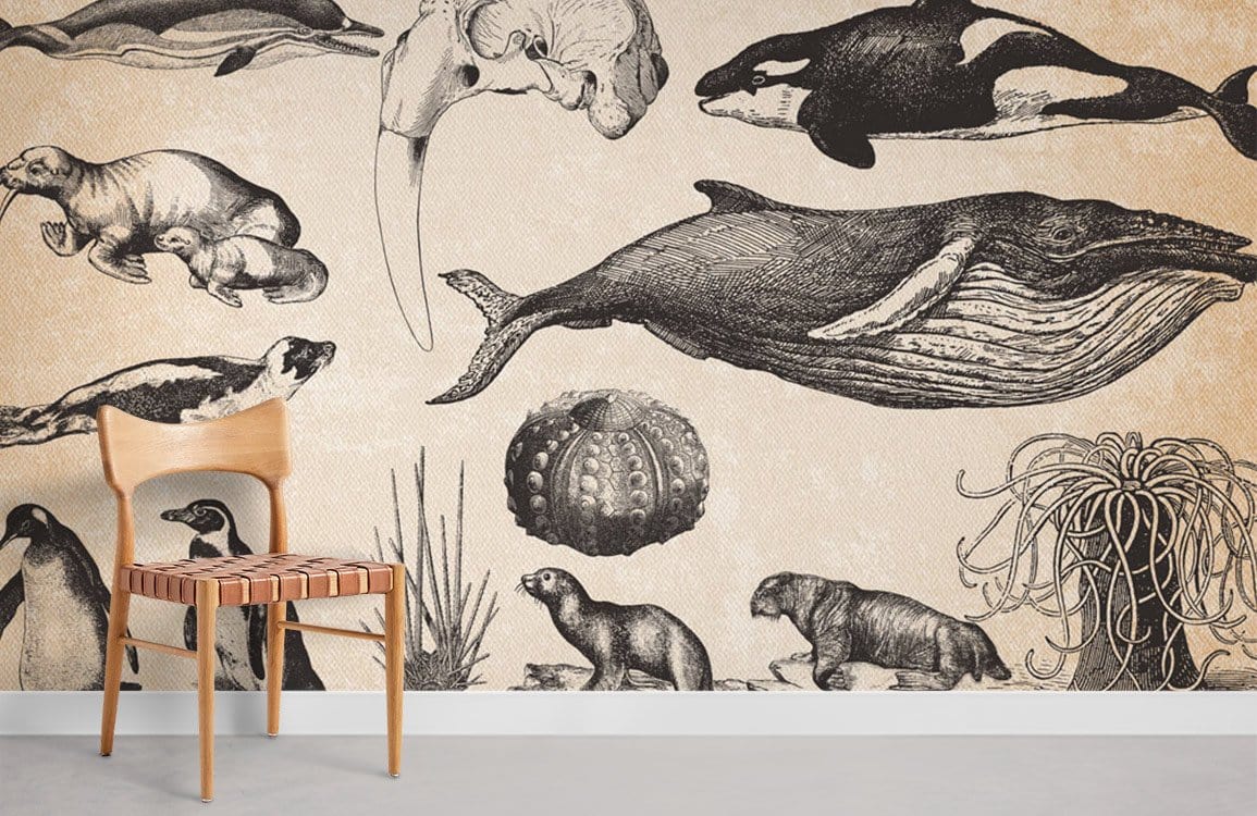 Vintage marine life mural wallpaper in sepia tones, wood chair, minimalist decor, light flooring.
