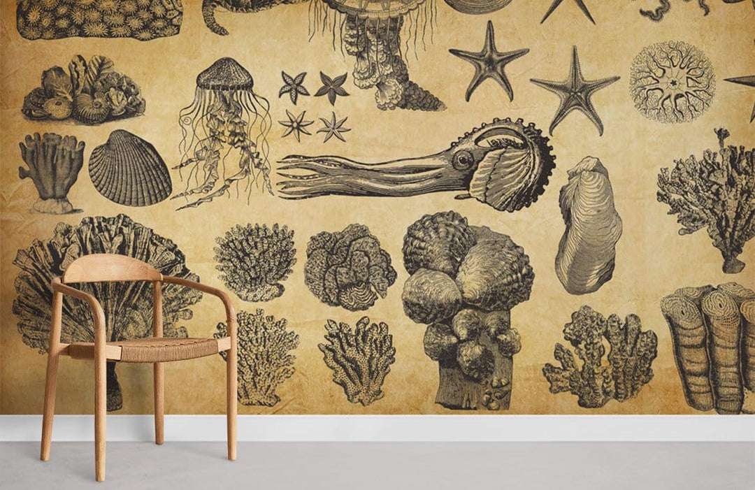 Vintage sepia marine life mural wallpaper with wooden chair on grey floor in modern room.