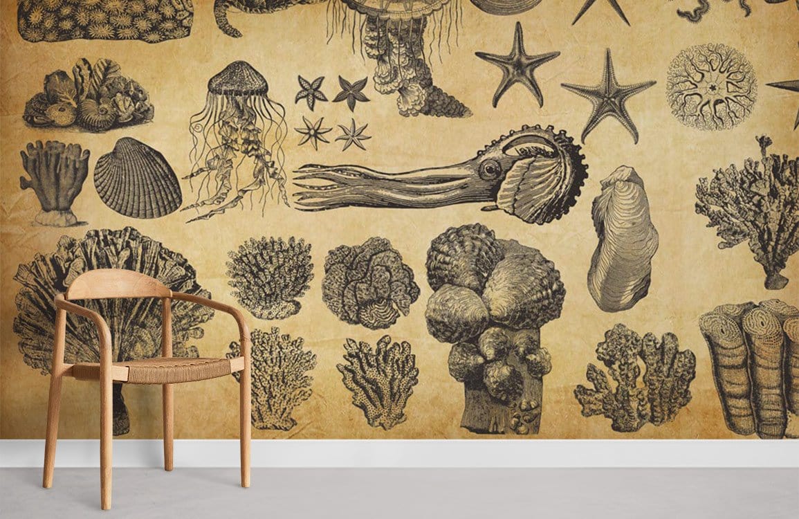 Vintage sepia marine life mural wallpaper with wooden chair on grey floor in modern room.