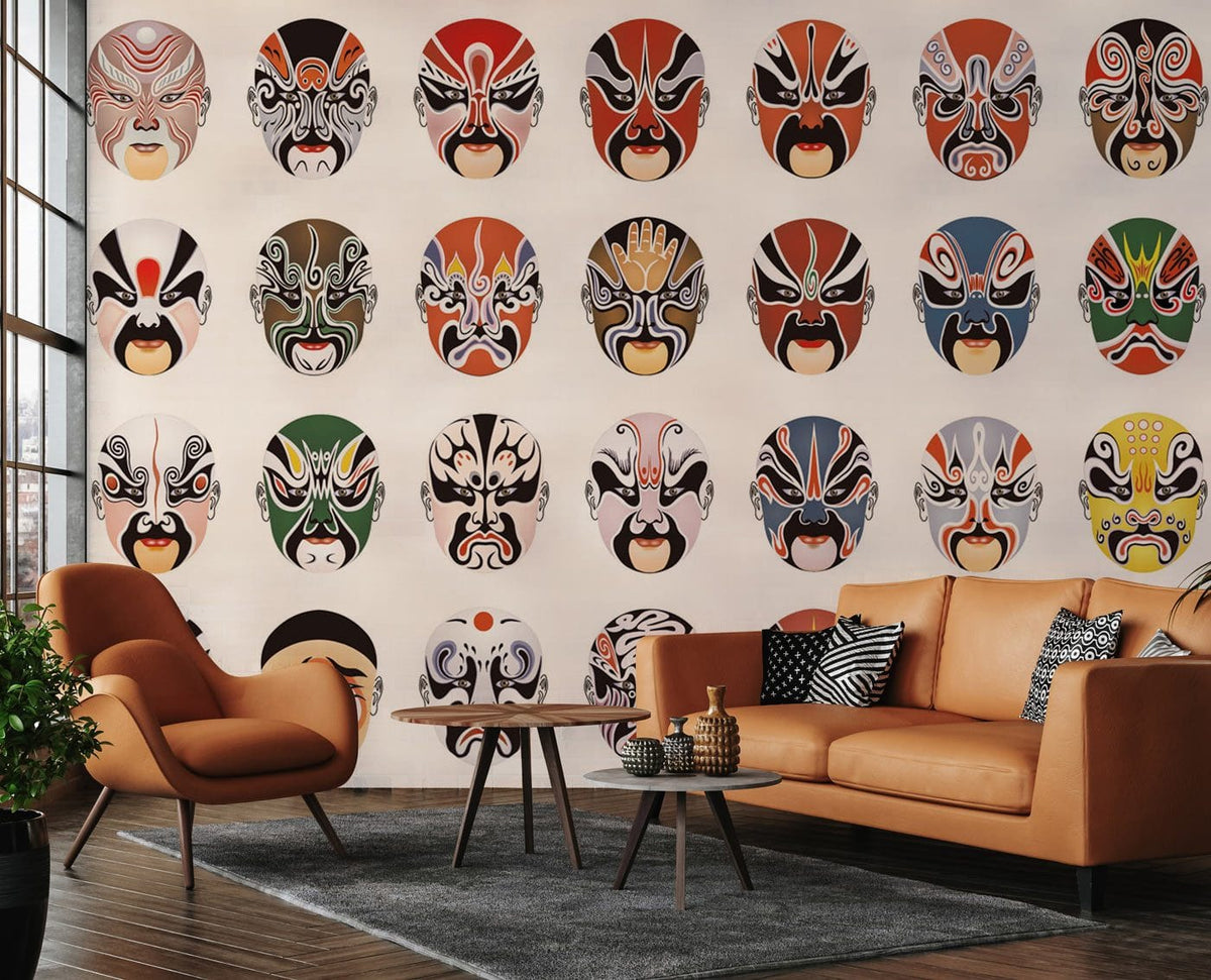 Vibrant Oriental opera masks wallpaper, brown leather sofa, wooden flooring, modern living room decor.