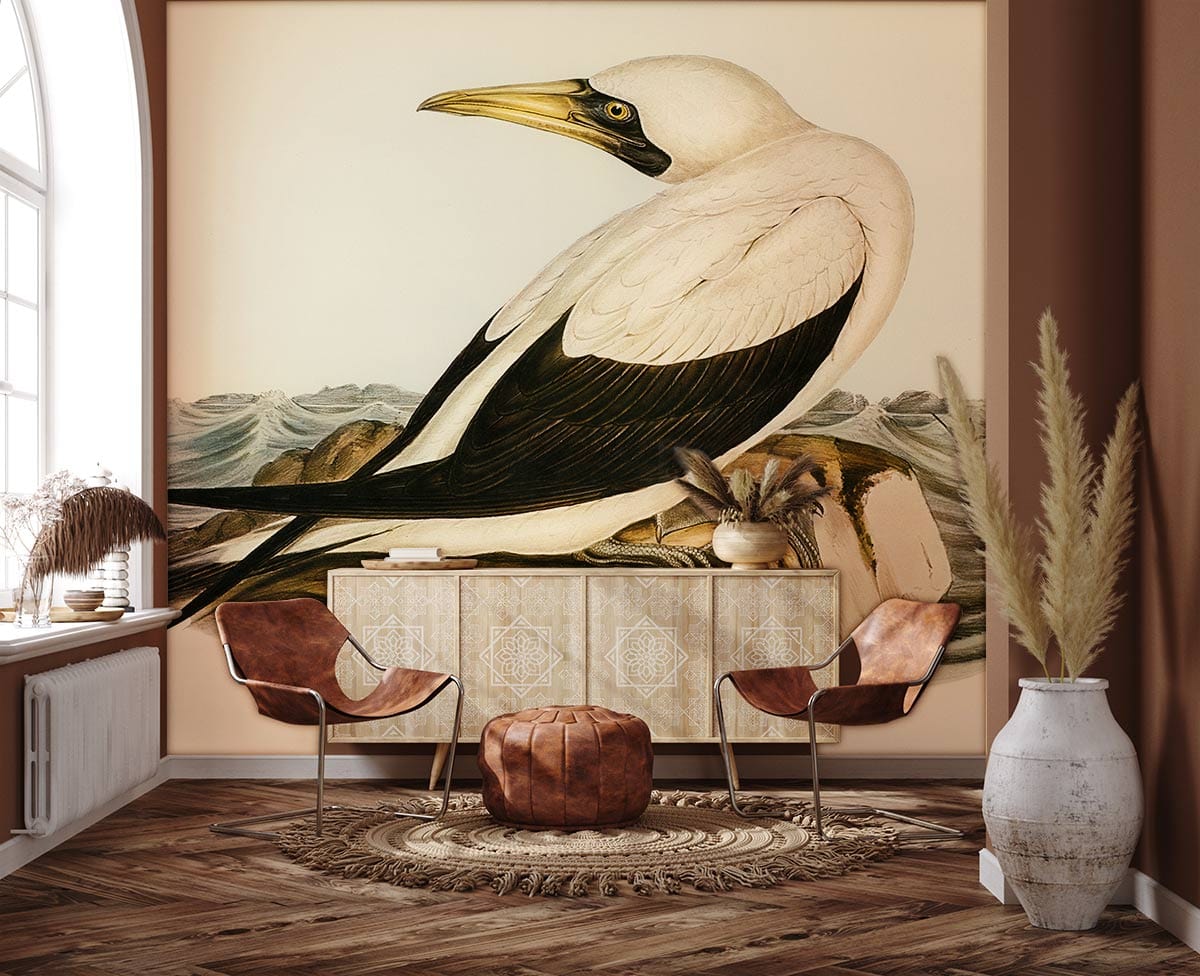 Classic Seaside Gannet Wallpaper with vintage coastal mural, wooden flooring, leather chairs, and ornate cabinet.